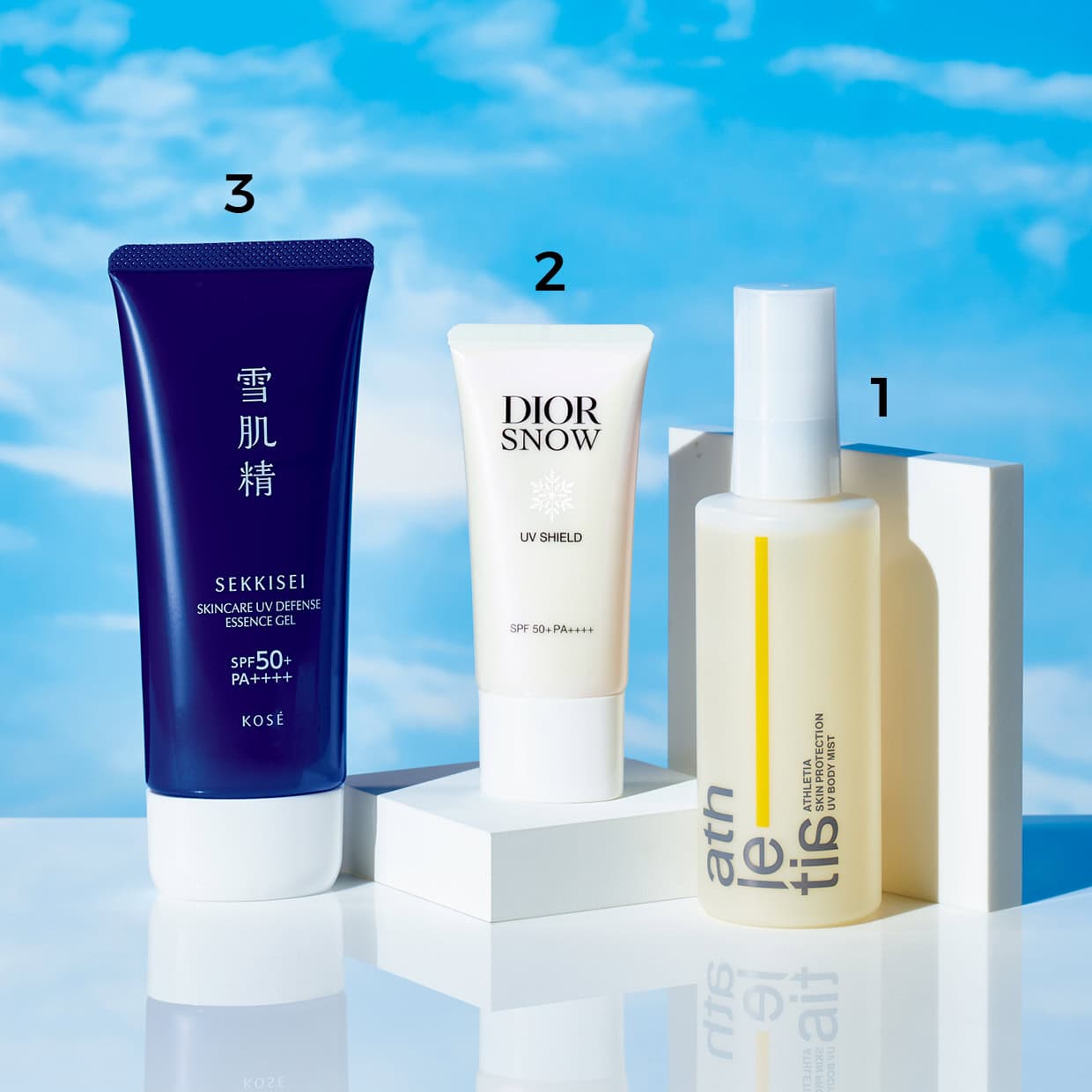 1_アスレティア スキンプロテクション UVボディミスト SPF30・PA+++ 100mL ￥4,400（アスレティア）　2_ディオール スノー UVシールド 50+ SPF50+・PA++++ 30mL ￥7,480（パルファン･クリスチャン･ディオール）　3_雪肌精　スキンケア UV エッセンス ジェル　SPF50+・PA++++ 90g ￥2,310〈編集部調べ〉（コーセー）