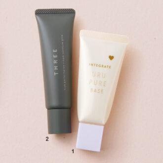 1_インテグレート うるピュアベース ラベンダー SPF50+・PA+++ ￥1,430〈編集部調べ〉（資生堂）　２_ハイパフォーマンスクリームモイスチャーグロー SWING BEAT SPF26・PA+++ ￥4,840（THREE）