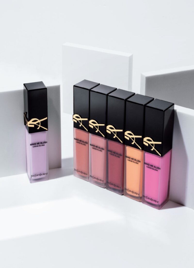 （左から）YSL メイクミーブラッシュ リキッド：NO.69 ラベンダー ラスト、NO.37 ピーチー ヌード、NO.44 ヌード ラヴァリエール、NO.54 ベリー バング、NO.57 コーラル クラッシュ、NO.66 フューシャ フリング 各￥8,360（イヴ・サンローラン／イヴ・サンローラン・ボーテ）