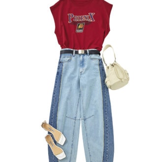 デニムパンツ￥2,990（ジーユー）　ベルト¥9,900（ウィム ガゼット／ウィム ガゼット ルミネ新宿店）　バッグ¥5,290（ザラ／ザラ カスタマーサービス）　ストラップサンダル¥66,000（ネブローニ）