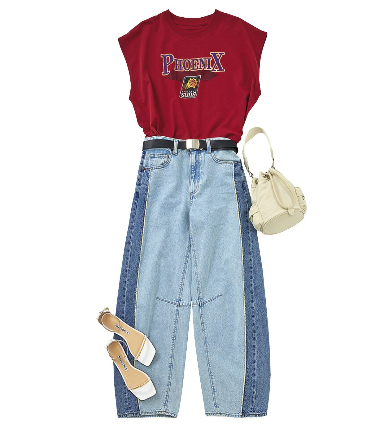 Tシャツ¥6,930(アウトドアプロダクツ/アウトドアプロダクツユージュアル シングス 中目黒) ベルト¥9,900(ウィム ガゼット/ウィム ガゼット ルミネ新宿店) バッグ¥5,290(ザラ/ザラ カスタマーサービス) ストラップサンダル¥66,000(ネブローニ)