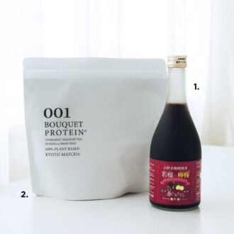 1_若榴 da 檸檬 500mL ¥6,100（言歩木）　2_ブーケプロテイン 001 500g ¥10,260（ザ・サロン・ブーケ）