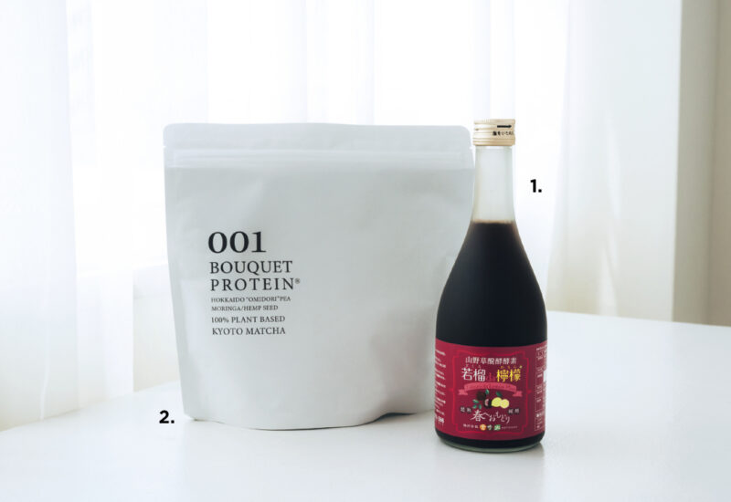 1_若榴 da 檸檬 500mL ¥6,100（言歩木）　2_ブーケプロテイン 001 500g ¥10,260（ザ・サロン・ブーケ）