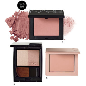 4_ブラッシュ N 903（NARS JAPAN）　5_VDL チークステイン ブラッシャー 11（エフエムジー ＆ ミッション）　6_ミネラルプレストチーク ミュートペール（エトヴォス）