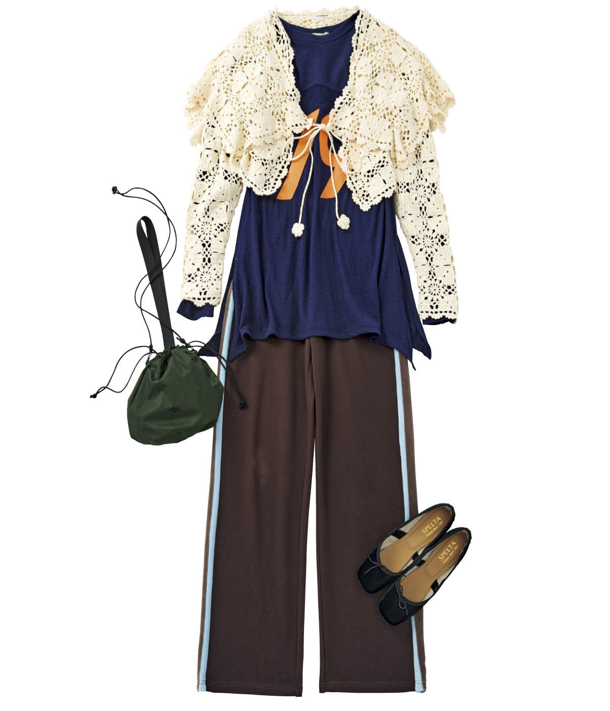 カーディガン￥48,400（オープン セサミ クラブ）　ロングTシャツ￥19,800（ウーア／シップス インフォメーションセンター）　パンツ￥20,900（アラミンタ ジェームス／ジャック・オブ・オール・トレーズ プレスルーム）　バッグ￥7,150（スピード／ゴールドウイン カスタマーサービスセンター）　シューズ￥35,200（スペルタ／フラッパーズ）