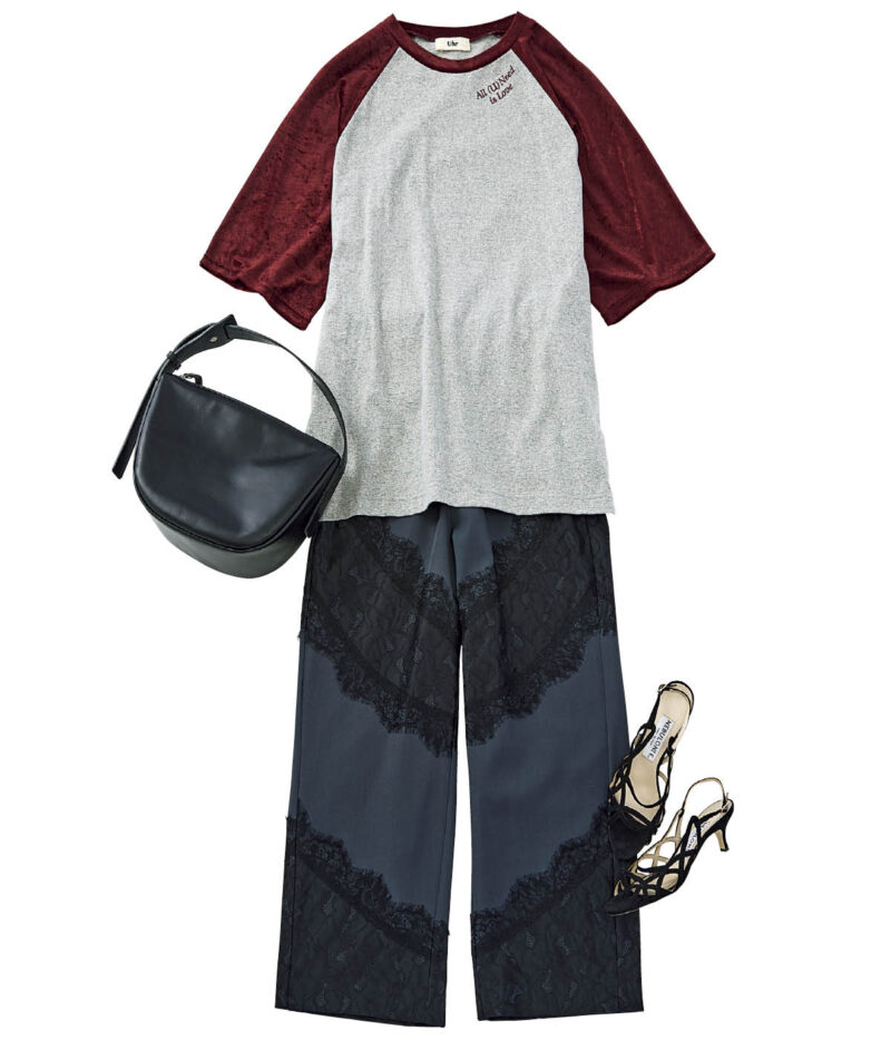 パンツ￥12,100（ヤエ／アンティローザ）　Tシャツ￥16,500（ウーア／シップス インフォメーションセンター）　バッグ￥80,300（土屋鞄／土屋鞄製造所）　サンダル￥79,200（ネブローニ／ピモンテ）