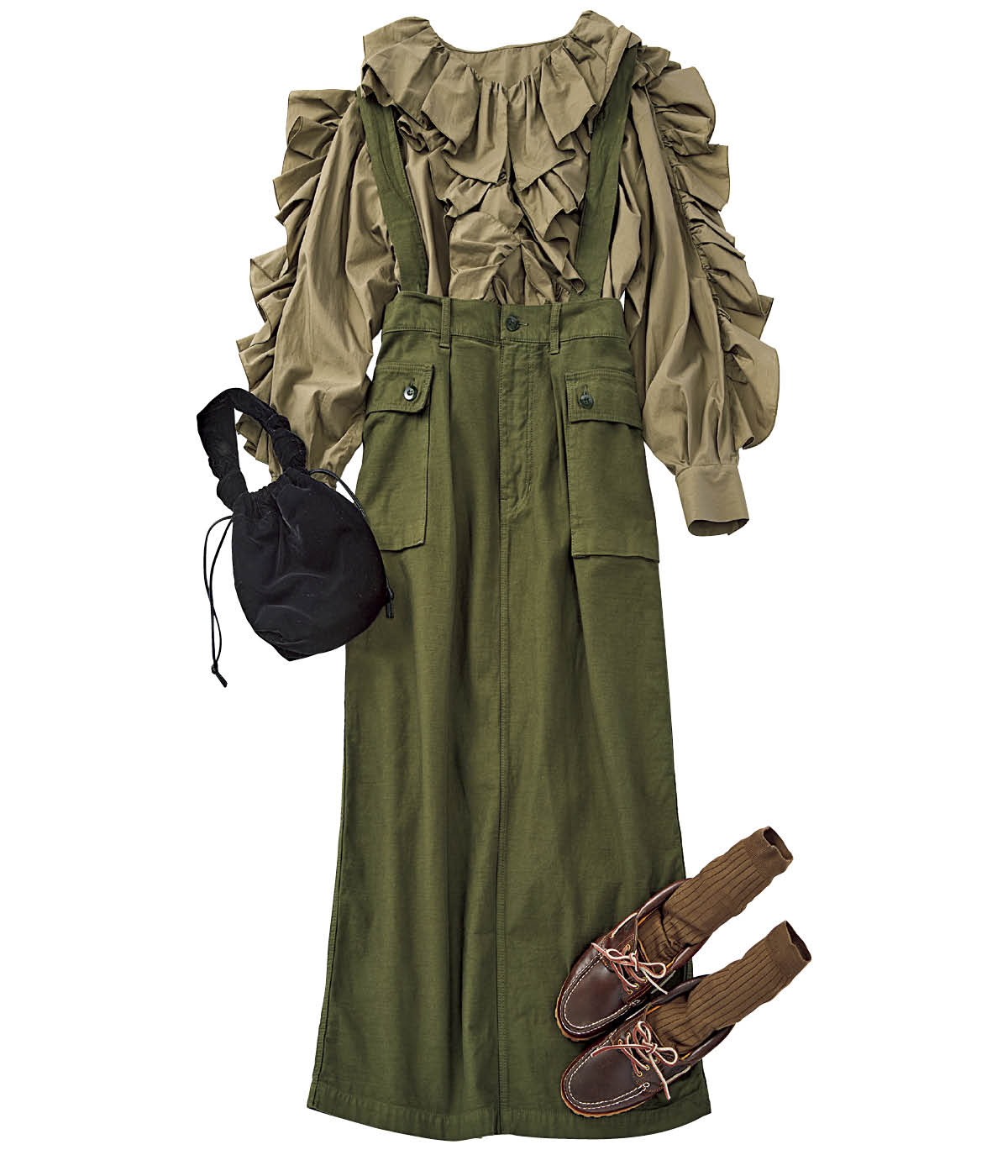 ブラウス￥36,300（ミュラー オブ ヨシオクボ）　スカート￥37,180（オブラダ／シンチ）　ソックス￥3,630（パンセレラ／真下商事）　バッグ￥9,900（アンヌーク／アンヌーク 新宿ルミネ２店）　シューズ￥25,300（パラブーツ／パラブーツ青山店）