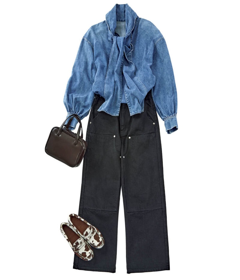 ブラウス￥44,000（ウィム ガゼット／ウィム ガゼット ルミネ新宿店）　デニムパンツ￥16,170（クレドナ）　バッグ￥41,800（ロー ソウル）　ローファー￥59,400（セーザ／ピモンテ）