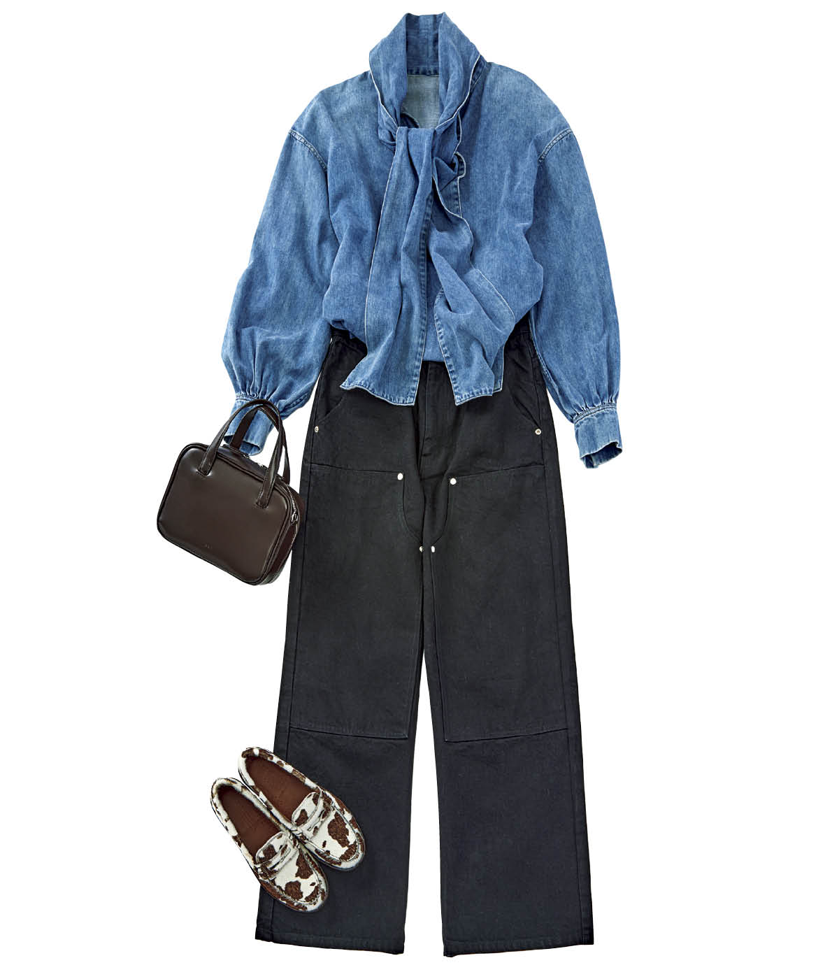 ブラウス￥44,000（ウィム ガゼット／ウィム ガゼット ルミネ新宿店）　デニムパンツ￥16,170（クレドナ）　バッグ￥41,800（ロー ソウル）　ローファー￥59,400（セーザ／ピモンテ）