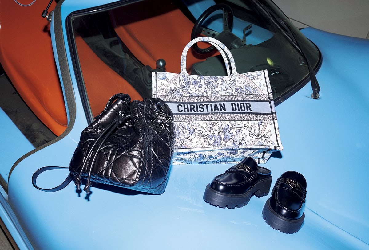 上：バッグ『ディオール ブックトート』［H27.5×W36×D16.5］￥500,000、左下：バッグ『D-モーション』［H24×W23×D13］￥630,000※参考価格、右下：シューズ［H5.5］￥155,000（すべてディオール／クリスチャン ディオール）