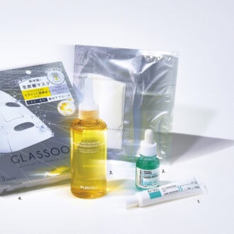 1.A.Z. セラムショット 15g ¥2,420(dr365)、2.CNP ダーマアンサー AZセラム 15mL ¥2,178(銀座ステファニー化粧品)、3.パーセル フレキシブル リポG フェイストナー 150mL ¥2,475(アリエルトレーディング)、4.サナ グラスーン グルタブライト VC コンデンスソーダマスク 18mL×3枚入り ¥2,530(常盤薬品工業)