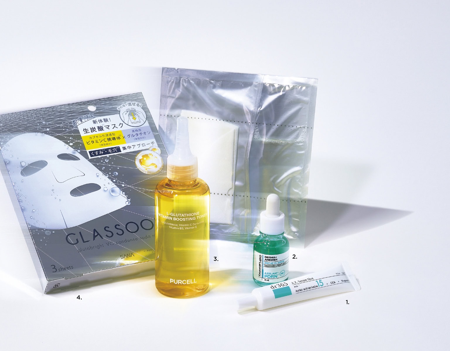 1.A.Z. セラムショット 15g ¥2,420（dr365）、2.CNP ダーマアンサー AZセラム 15mL ¥2,178（銀座ステファニー化粧品）、3.パーセル フレキシブル リポG フェイストナー 150mL ¥2,475（アリエルトレーディング）、4.サナ グラスーン グルタブライト VC コンデンスソーダマスク 18mL×3枚入り ¥2,530（常盤薬品工業）