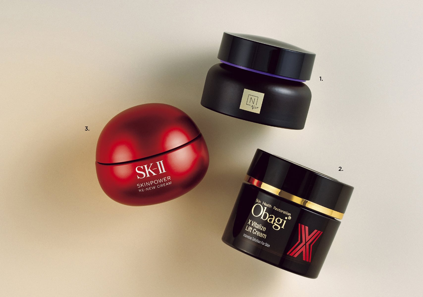 1.N organic Vie ヒアルアップ リフトクリーム 　2.オバジ オバジX バイタライズ リフトクリーム （ロート製薬）　3.スキンパワー リニュー クリーム（SK-II）