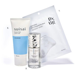 1.バイユア クリーンリセット スキントーニング バブルマスク 1枚入り ¥396（Hamee）　2.AQ 毛穴美容液オイル 40mL ¥11,000（コスメデコルテ）　3.スイサイ ビューティクリア ペーストウォッシュ 120g ¥1,430〈編集部調べ〉（カネボウ化粧品）