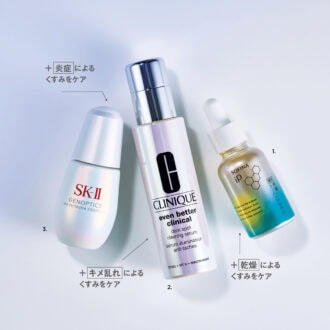 1.SOFINA iP 薬用角層トーニングセラム［医薬部外品］30mL ¥6,600〈編集部調べ〉（花王）　2.イーブン ベター イルミネーティング ブライト セラム 50mL ¥16,940（クリニーク）　3.ジェノプティクス インフィニットオーラ エッセンス［医薬部外品］30mL ¥22,000（SK-ⅠⅠ）