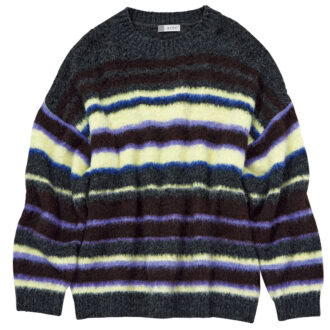 ハンサムなモノトーン派もトライしやすいグレーベースのマルチボーダー。ニット￥27,500（アコック／ジャック・オブ・オール・トレーズ プレスルーム）