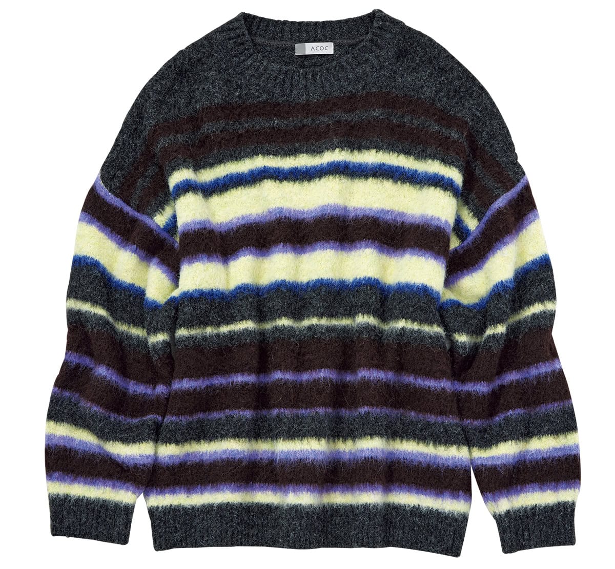 ハンサムなモノトーン派もトライしやすいグレーベースのマルチボーダー。ニット￥27,500（アコック／ジャック・オブ・オール・トレーズ プレスルーム）
