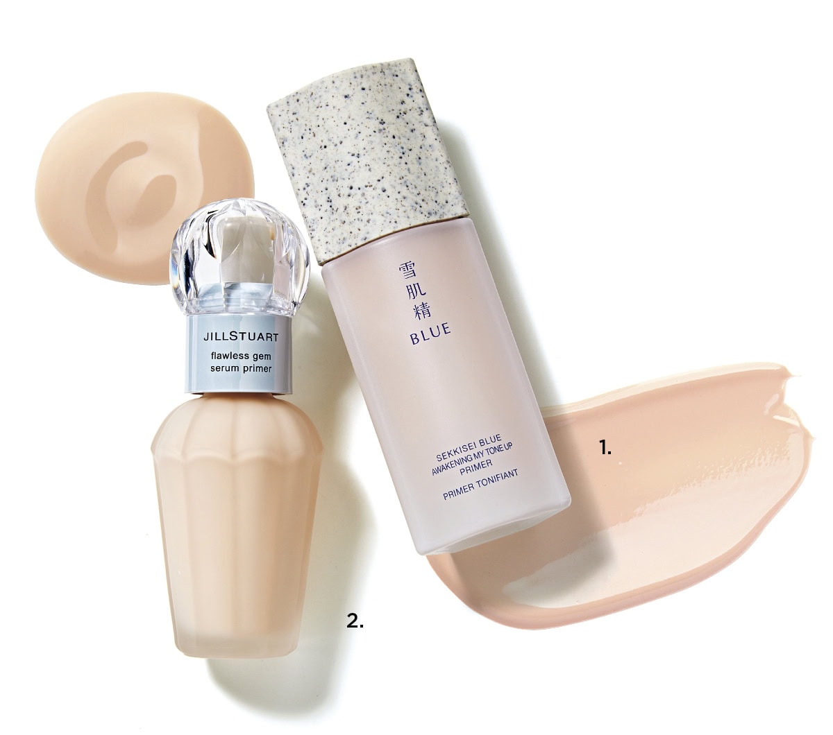 1_雪肌精 BLUE　アウェイクニング マイ トーン プライマー（コーセー）　2_フローレスジェム セラムプライマー（ジルスチュアート　ビューティ）