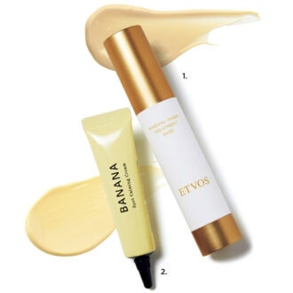 1_ミネラルインナートリートメントベース マカロンイエロー（エトヴォス・限定） 2_シャイシャイシャイ バナナ スポットカーミングクリーム 03イエロー（アリエルトレーディング）