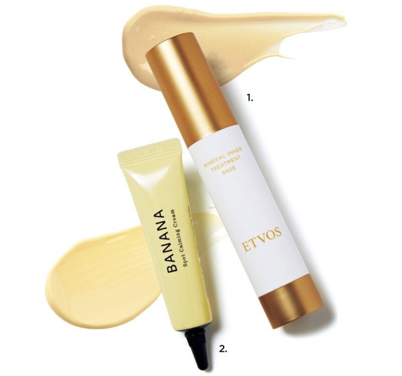 1_ミネラルインナートリートメントベース マカロンイエロー（エトヴォス・限定） 2_シャイシャイシャイ バナナ スポットカーミングクリーム 03イエロー（アリエルトレーディング）