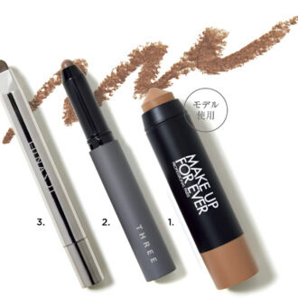 1_アーティスト カラークレヨン 432(メイクアップフォーエバー) 2_THREE ディメンショナル シェイディングワンド(THREE) 3_ルナソル シークレットシェイド 01(カネボウ化粧品)