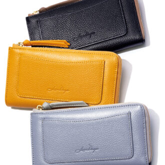 約132gと軽量で、既存の長財布から約3cmも幅を狭くすることでバッグにもスマートに収まる。上から順にブラック×グレーベージュ、マスタード、サックスブルー×グレー。全14色展開。長財布[H9.2×W17.3×D2]各¥4,730（リズデイズ／スタイル オン）