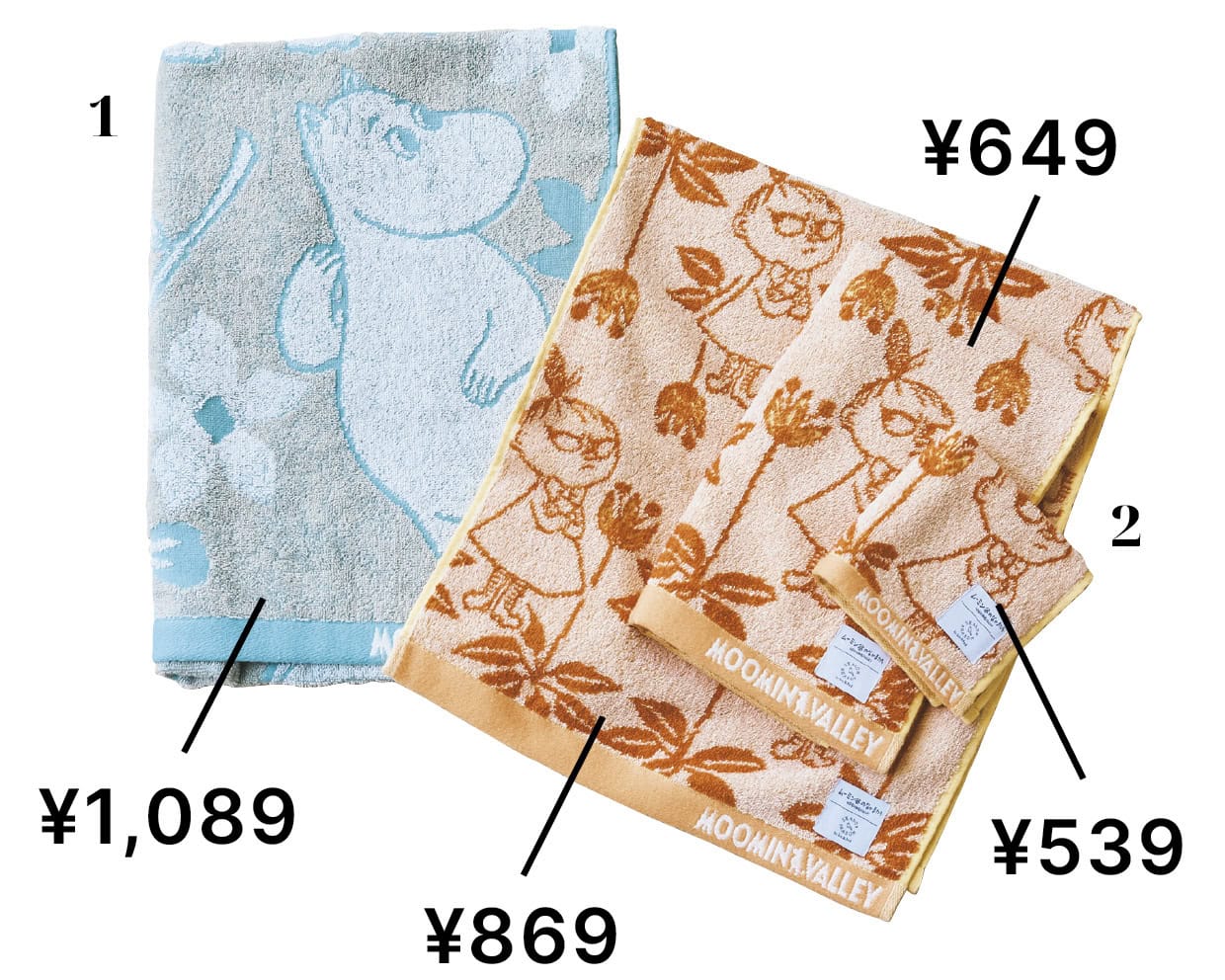 1_バスタオル［H120×W60］￥1,089、2_上からタオルハンカチ［H25×W25］￥539、ハンドタオル※同柄2枚組［H35×W34］￥649、フェイスタオル※同柄2枚組［H80×W34］￥869（すべてシーズン リーズン バイ リン アンド レッド／しまむら）