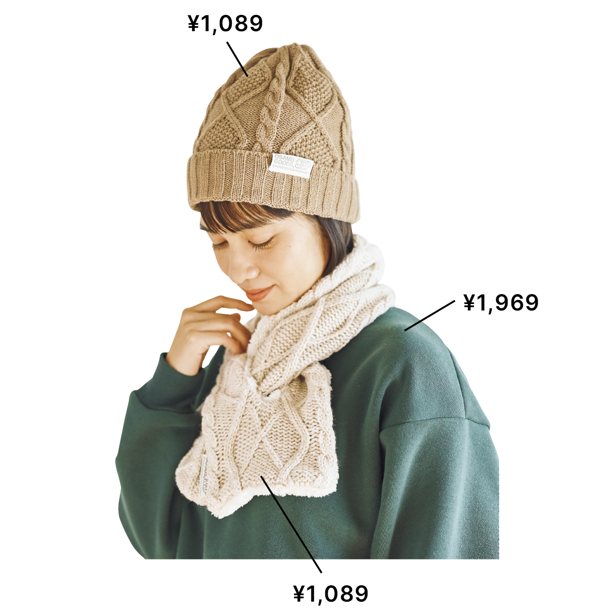 ニット帽¥1,089、ティペット¥1,089、トレーナー¥1,969（すべてシーズン リーズン バイ リン アンド レッド／しまむら）