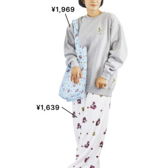 トレーナー※バッグ付き¥1,969、パンツ¥1,639（ともにシーズン リーズン バイ リン アンド レッド／しまむら）　靴（しまむら参考商品）
