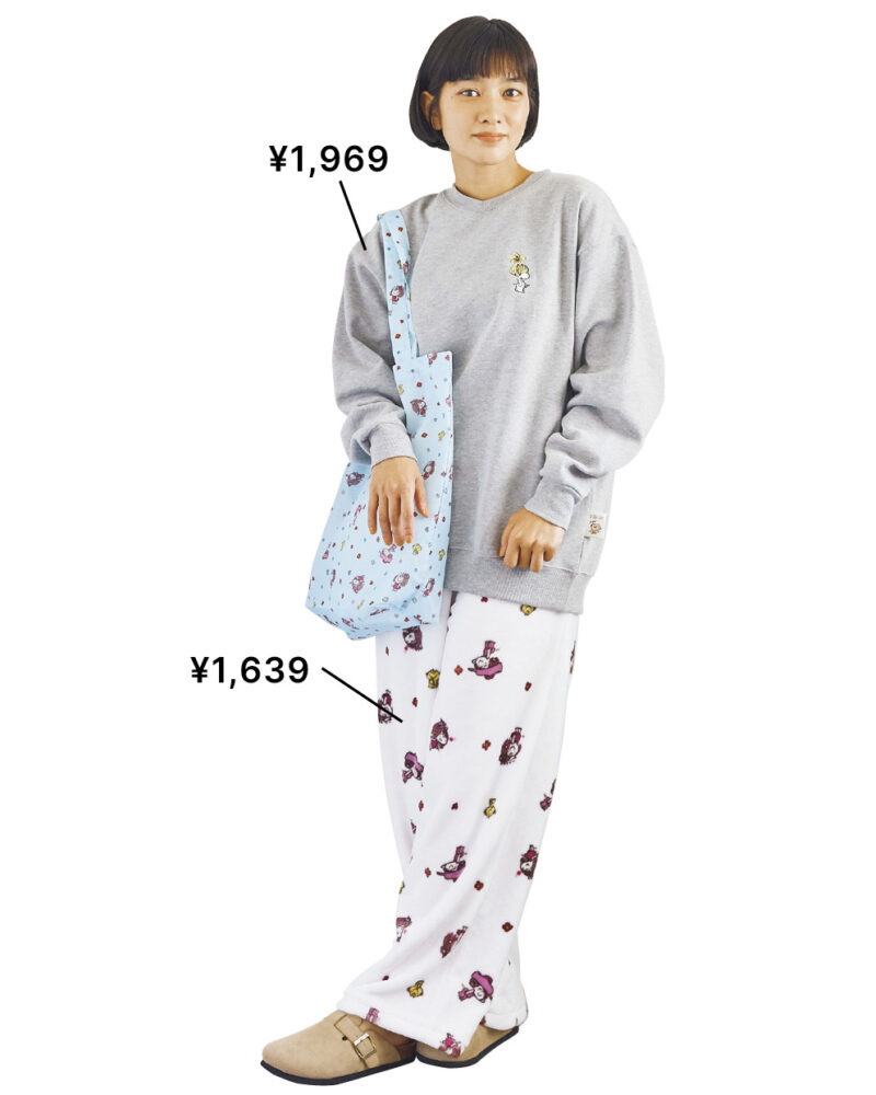 トレーナー※バッグ付き¥1,969、パンツ¥1,639(ともにシーズン リーズン バイ リン アンド レッド/しまむら) 靴(しまむら参考商品)