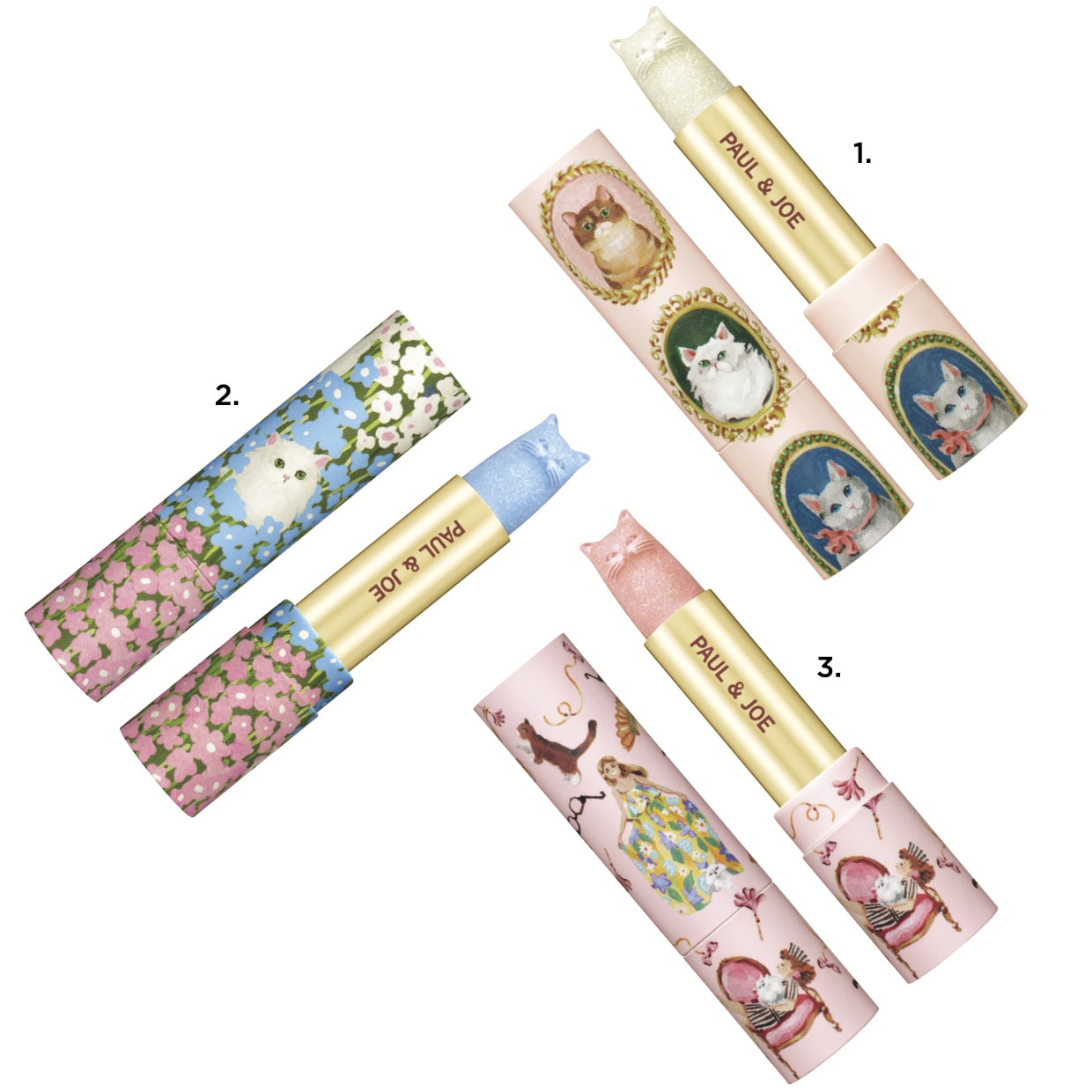 1.スパークリング リップスティック リミテッド 001、2.同 002、3.同 003 各¥2,750(すべてポール & ジョー ボーテ・限定)