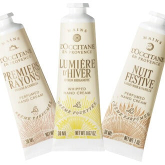  7.ホリデーライツ ハンドクリームトリオ ¥5,610〈プルミエール レイヨン パフュームド ハンドクリーム、ルミエール ディヴェール ホイップハンドクリーム、ニュイ フェスティブ パフュームド ハンドクリーム 各30mL（現品）〉（ロクシタンジャポン・限定）