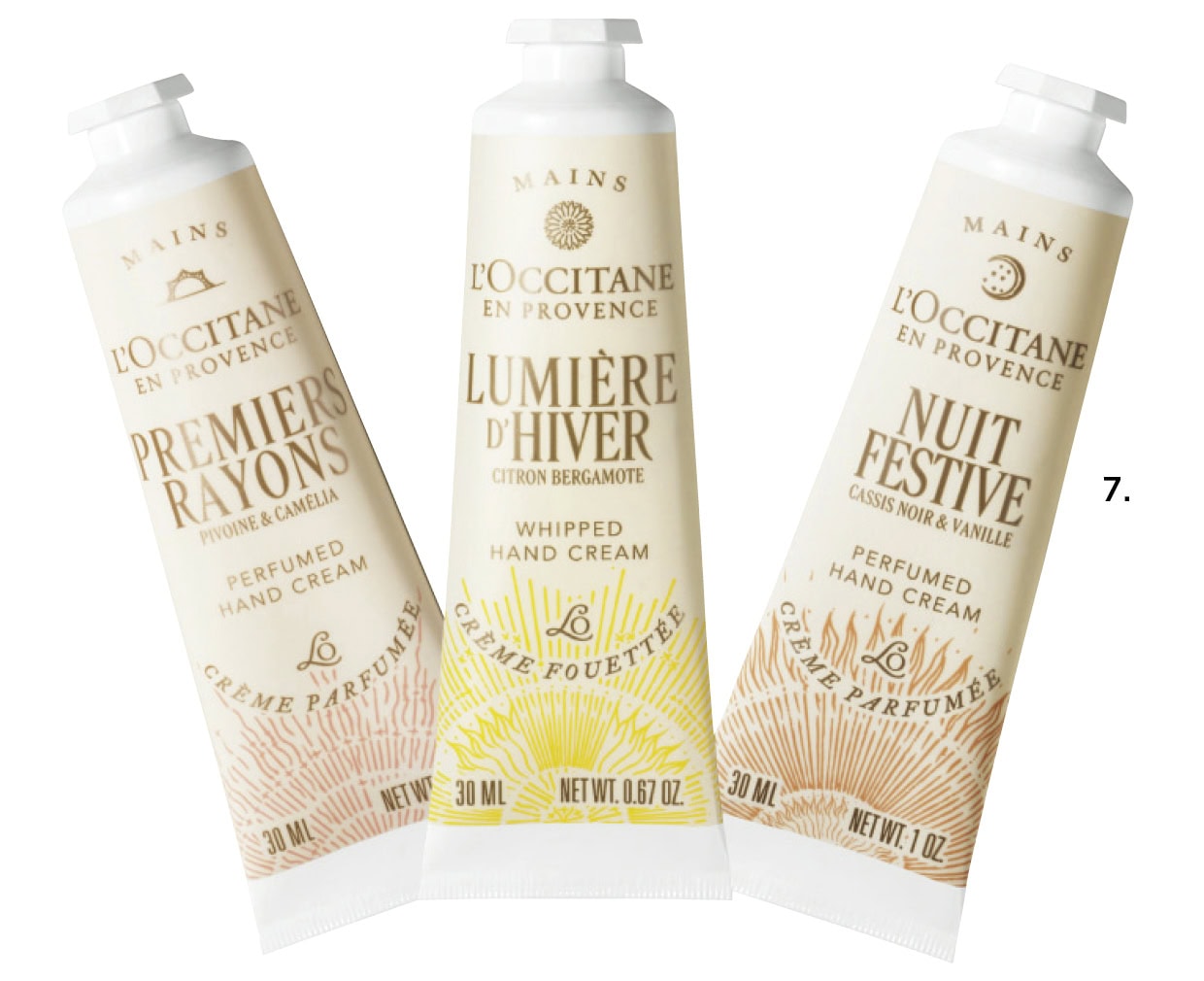 7.ホリデーライツ ハンドクリームトリオ ¥5,610〈プルミエール レイヨン パフュームド ハンドクリーム、ルミエール ディヴェール ホイップハンドクリーム、ニュイ フェスティブ パフュームド ハンドクリーム 各30mL(現品)〉(ロクシタンジャポン・限定)
