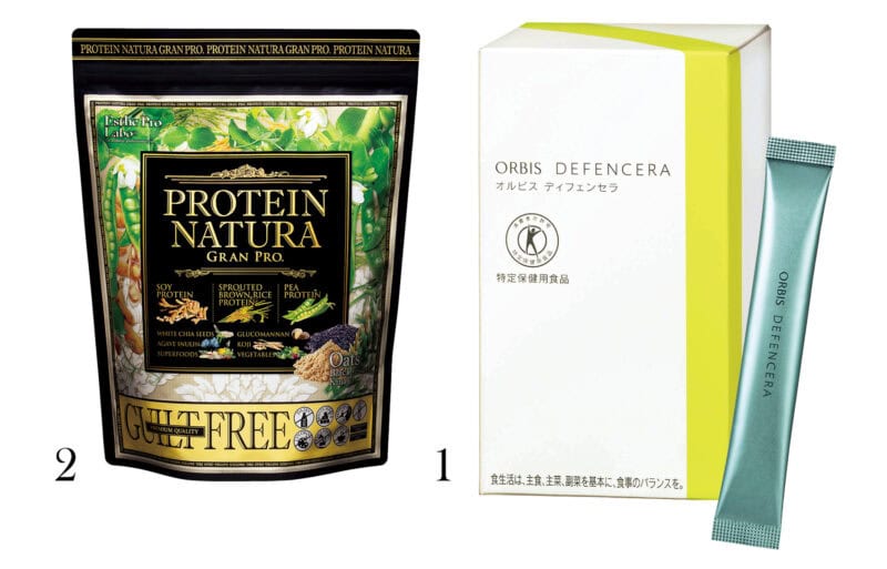 1_ディフェンセラ 45g(1.5g×30包)(オルビス) 2_プロテイン ナチュラ グランプロ(オーツ黒ごまきな粉)900g(エステプロ・ラボ)