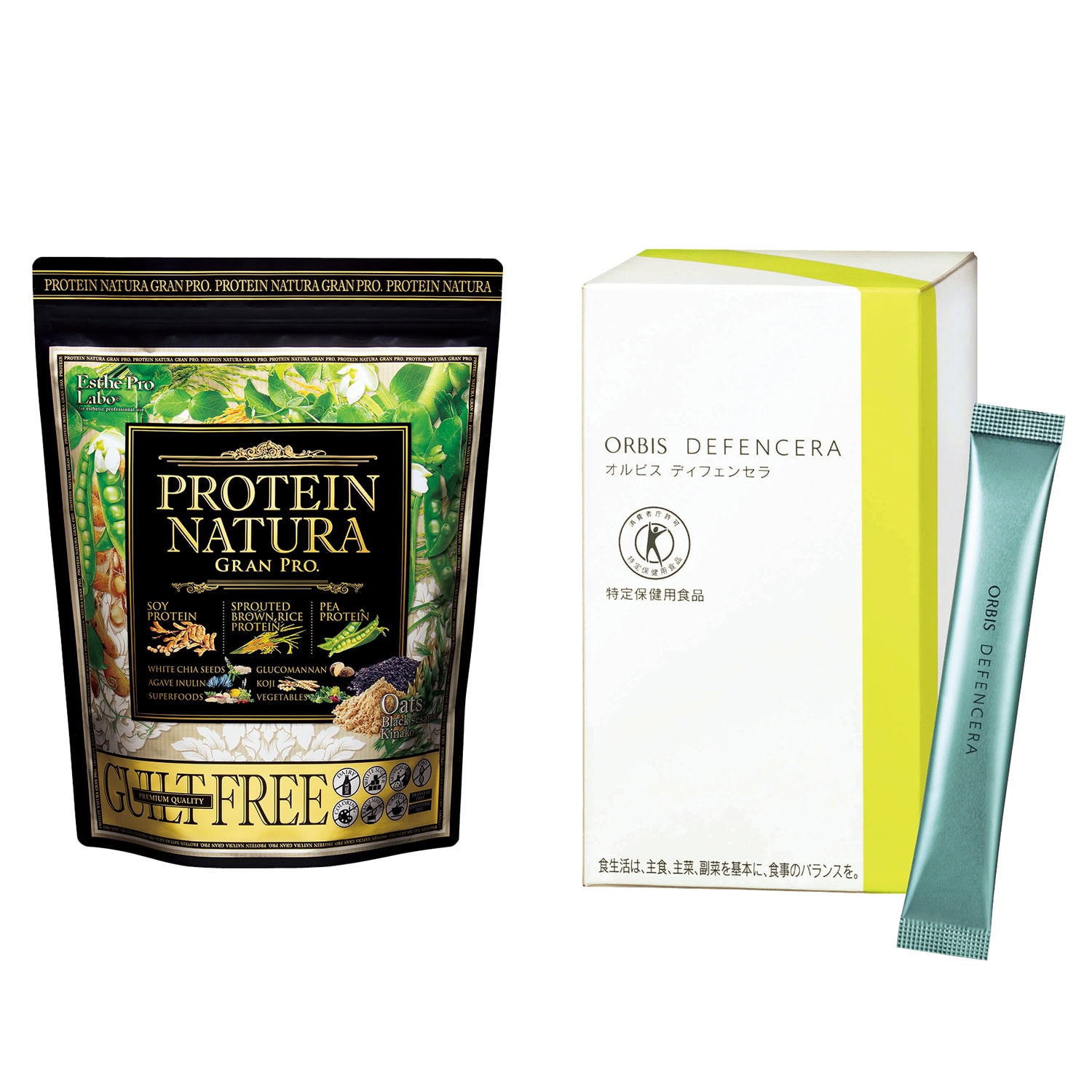 右_ディフェンセラ 45g（1.5g×30包）¥3,456（オルビス）、左_プロテイン ナチュラ グランプロ（オーツ黒ごまきな粉）900g ¥9,990（エステプロ・ラボ）
