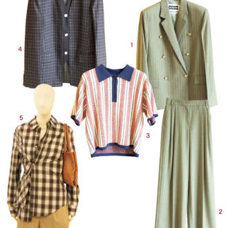 1･2.お花のような金ボタンがついたジャケット（₩798,000）と、ワイドシルエットが美しいパンツ（₩598,000）。グレー寄りの落ち着いたよもぎ色とチョークストライプが上級者風。3.チロリアンテープのようなストライプがユニークなポロニット（₩398,000）。4.カーデ感覚で羽織れるノーカラージャケット（₩798,000）。5.ボタンの留め方で着方をトランスフォームできるユニークなチェックシャツ（₩498,000）。