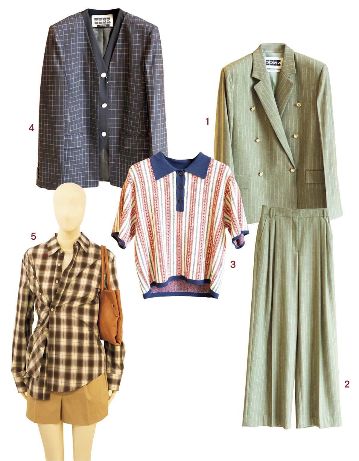 1･2.お花のような金ボタンがついたジャケット（₩798,000）と、ワイドシルエットが美しいパンツ（₩598,000）。グレー寄りの落ち着いたよもぎ色とチョークストライプが上級者風。3.チロリアンテープのようなストライプがユニークなポロニット（₩398,000）。4.カーデ感覚で羽織れるノーカラージャケット（₩798,000）。5.ボタンの留め方で着方をトランスフォームできるユニークなチェックシャツ（₩498,000）。