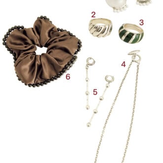 1.ボールの下側にプチパールを5つ並べた洒落たピアス（₩380, 000）。2･3.手元に強さのある華やかさを添えてくれるリングも種類豊富。4･5･6.希さんの戦利品。「どんなコーデにも合わせやすくて日常使いしやすいジュエリーを選びました♡」。プチボールで縁取られたシュシュ（₩155,000）はブランドのベストセラー。