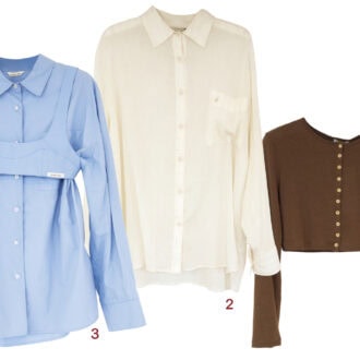 1.クロップト丈が今っぽいカーデ（₩79,000）。細かく並んだボタンがアクセント。2.落ち感のあるシンプルなシアーシャツ（₩149,000）は希さんもお買い上げ♡ 3.セットで着るとお洒落度が倍増するシャツ（₩ 149,000）とブラキャミ（₩89,000）は要チェック。