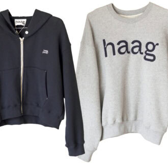 計算されたシルエットでラフに着てもサマになるスウェット。プルオーバー（₩109,000）は大胆なロゴ、パーカ（₩108,000）はプチロゴがアクセント。