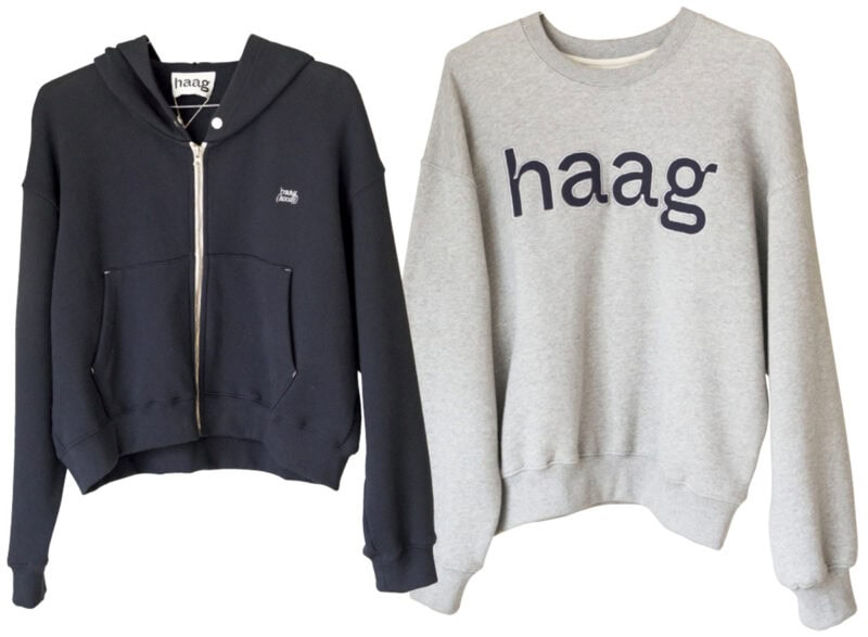 計算されたシルエットでラフに着てもサマになるスウェット。プルオーバー（₩109,000）は大胆なロゴ、パーカ（₩108,000）はプチロゴがアクセント。