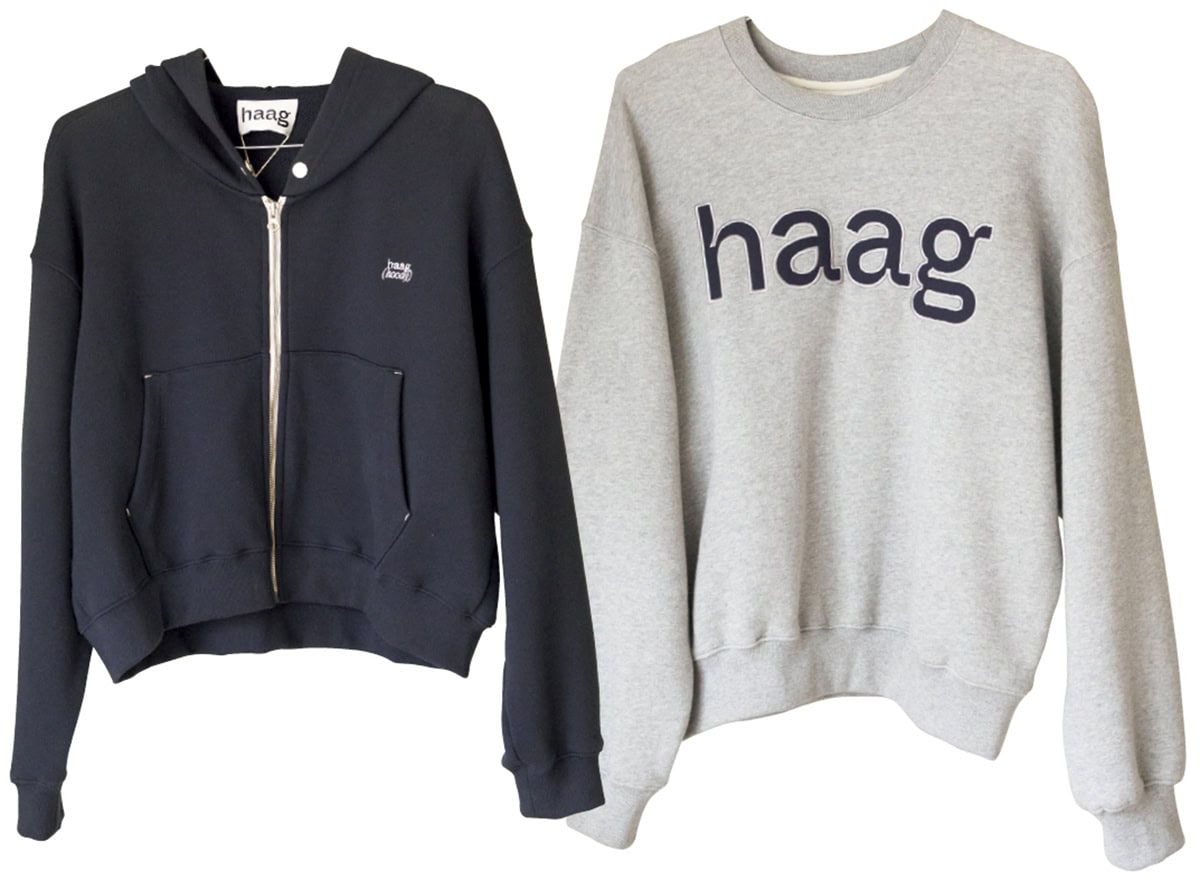 計算されたシルエットでラフに着てもサマになるスウェット。プルオーバー（₩109,000）は大胆なロゴ、パーカ（₩108,000）はプチロゴがアクセント。