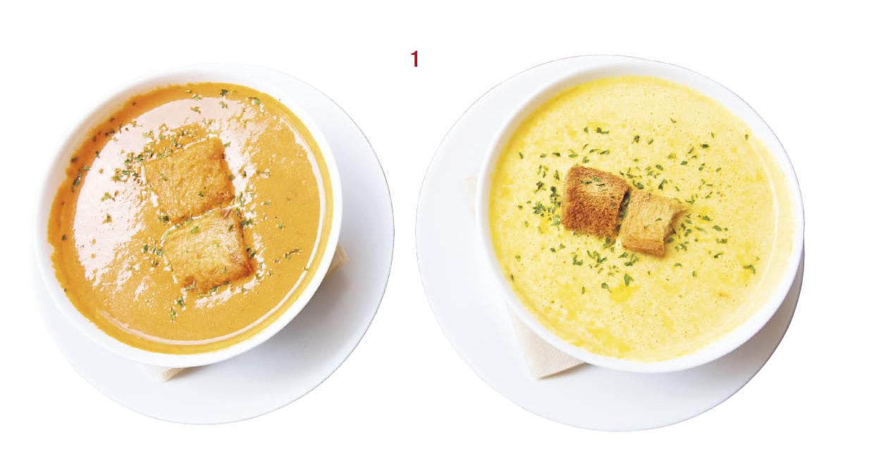 1.パンやサンドイッチに合うクリーミーで風味豊かな日替わり野菜スープ。右はカボチャで左はトマト。