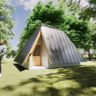 竪穴住居をモチーフにしたキャビン「火ノ庵（ひのいおり）」外観イメージ