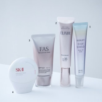1_アスタリフト D-UVシールド トーンアップ ローズ SPF50+・PA++++ （富士フイルム）　2_デーケアレボリューション ブライトニング ba ［医薬部外品］SPF35・PA++++ （エリクシール）　3_FAS ザ ブラック デイ クリーム［医薬部外品］SPF50+・PA++++ （シロク）　4_ジェノプティクス CC プライマー ロージーピンク SPF50+・PA++++ （SK-II）