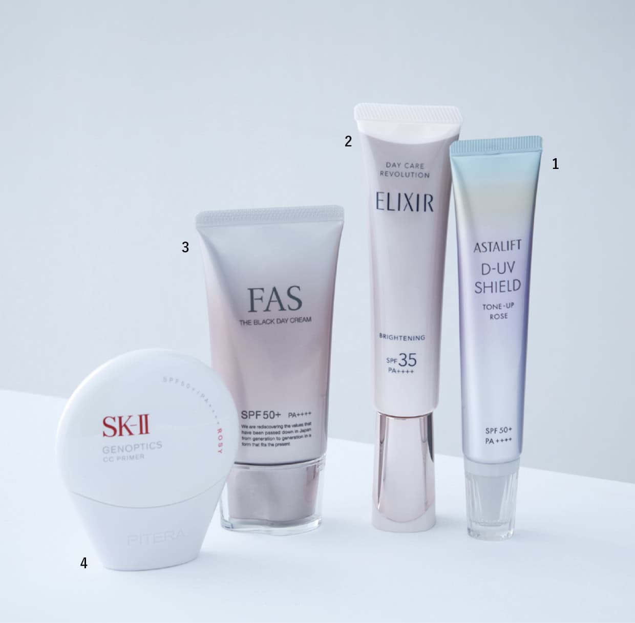 1_アスタリフト D-UVシールド トーンアップ ローズ SPF50+・PA++++ （富士フイルム）　2_デーケアレボリューション ブライトニング ba ［医薬部外品］SPF35・PA++++ （エリクシール）　3_FAS ザ ブラック デイ クリーム［医薬部外品］SPF50+・PA++++ （シロク）　4_ジェノプティクス CC プライマー ロージーピンク SPF50+・PA++++ （SK-II）