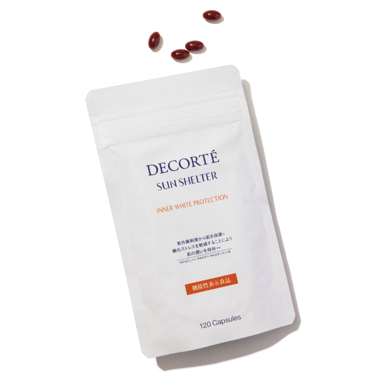 UVケア成分2種が紫外線の刺激から肌を保護。美容成分も配合し、美肌ケアも同時に叶える。[機能性表示食品] 120粒（約30日分） ￥6,480（コスメデコルテ）
