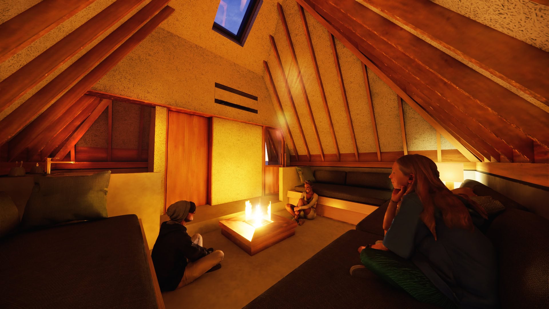 竪穴住居をモチーフにしたキャビン「火ノ庵（ひのいおり）」室内（夜）イメージ