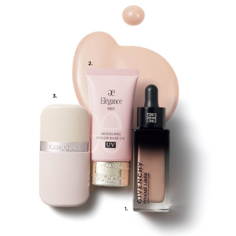 1.プリズム・リーブル・ケア＆カラー・セラム・プライマー ピンク（パルファム ジバンシイ［LVMHフレグランスブランズ］）　2.モデリング カラーベース UV SPF40・PA+++ UV耐水性★ PK110 （エレガンス コスメティックス）　3.イドル スキン ミルク プライマー 01（ランコム）