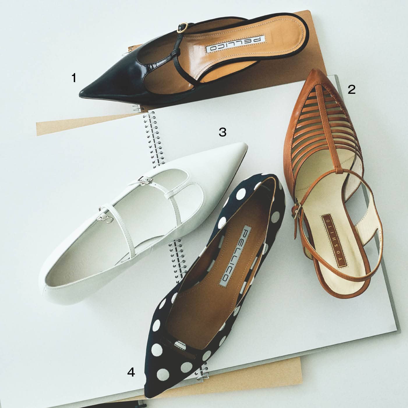 1. 細いTストラップとシャープなトゥがセンシュアル。脱ぎ履きしやすくて肩肘はらずに楽しめる。ミュール[Ｈ4]¥69,300(ペリーコ／アマン)　2. マルチストリングのシアーなアッパーとアンクルストラップが軽やか。肌なじみのいいキャメル色で取り入れやすい。靴[Ｈ4.5]¥30,800(ヨシト／ニューロンドン)　3. 浅めのTストラップが愛らしい。もうひとつのストラップが甲をしっかりホールドするので歩きやすい。足元に抜けを作ってくれるピュアホワイト。靴［H3.5］¥25,300(オデット エ オディール／オデット エ オディール 新宿店) 　4. 大きめのドット柄がレトロモダンなお洒落感を演出。黒×白なので大人っぽく履ける。靴[Ｈ3.5]¥59,400(ペリーコ／アマン)